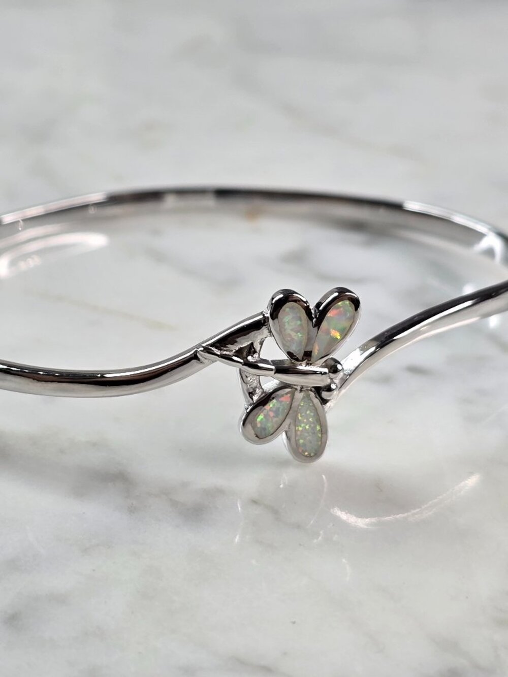 Womens Sterling Silver Opal Dragonfly Bangle Bracelet 12.3g E1901